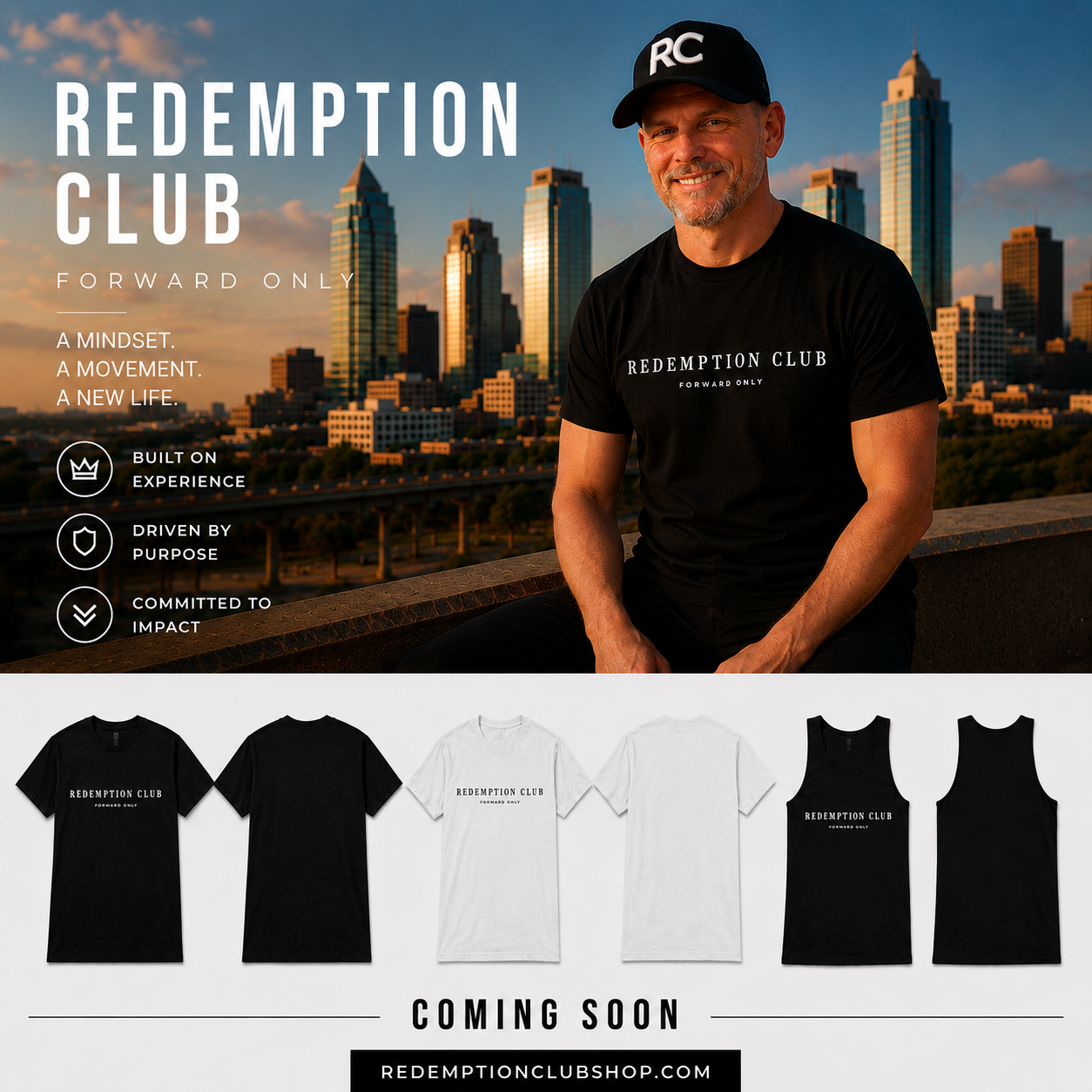 Redemption Club — Forward Only. New black tee, white tee, and tank top coming soon.